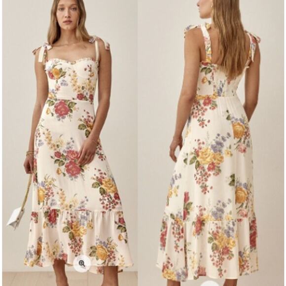 NWT Reformation Nikita Floral Tie Shoulder Midi Sundress Bouquet Women's Size 8 - Picture 1 of 6